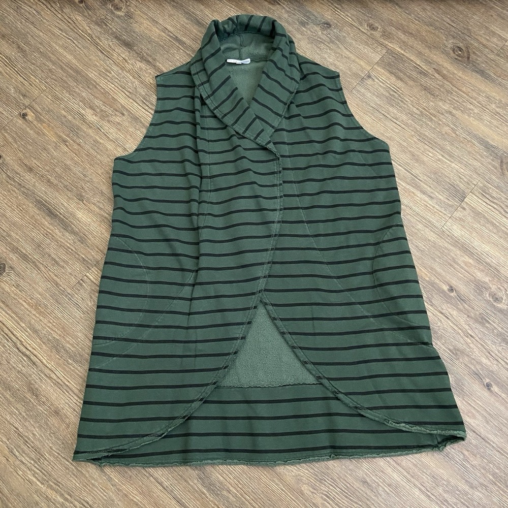Bryn Walker Green Black Striped Vest Open Front Lagenlook